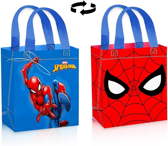 Spiderman Party Favor Bags for Kids Birthday 12 Pack Bundle | Mini 8 Spider-Man Party Goodie Bags, Bulk Reusable Tote Canvas Gift Bags, Spider Man Superhero Party Supplies for Boys Girls