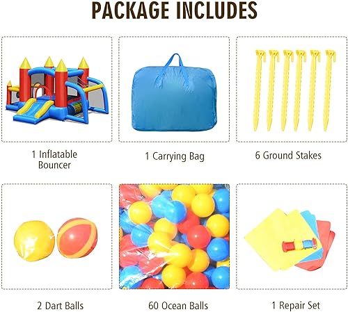 Miniatura 3 de DORTALA Casa inflable para niños, castillo multifuncional con tobogán, gran área de salto, accesorios con bolsa de transporte, estacas para el