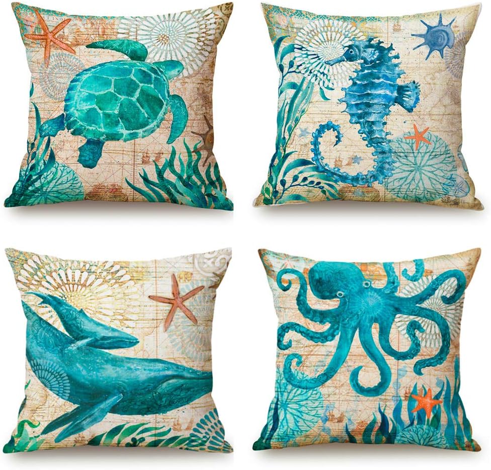 Niceclub Cushion Cover Sea Animals Theme Cotton Linen Throw Pillow Covers for Sofa Couch Car, Square Pillowcase Set of 4 (18x18 Inch)