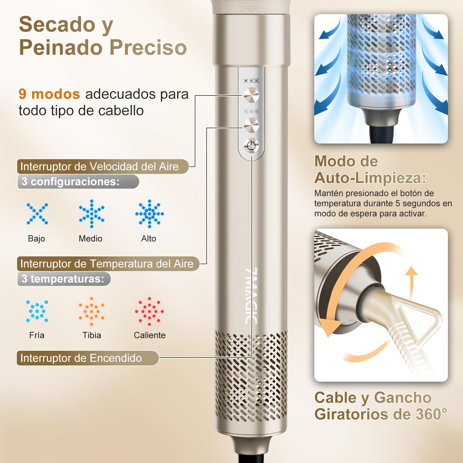 7MAGIC Moldeador Pelo 6 en 1, Secador Cepillo Alisador 1300W, Efecto Coanda, Cuidado iónico