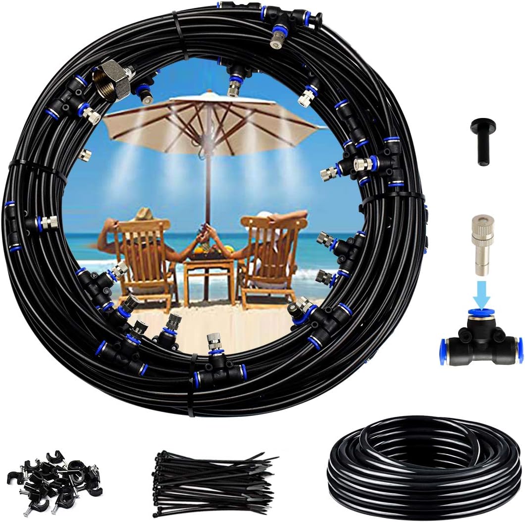 Misting Cooling System, Mist Cooling Kit 60FT(18M) Misting Line + 22 Stainless Steel Mist Nozzles + a Brass Adapter(3/4") Water Misters for Cooling Outdoor Patio Garden Greenhouse Trampoline