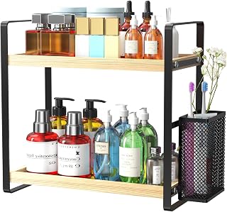 Bathroom Organizer Countertop, Makeup Cosmetic Storage, Skincare Organizer for Vanity with Basket, Wood Counter Organzier for Vanity, Bathroom Under Sink Organizer
