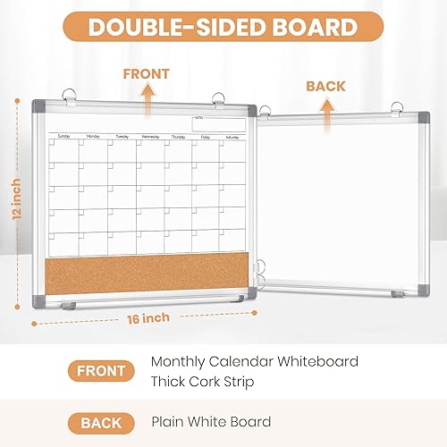 Vista 21 de Calendario mensual de pizarra blanca de borrado en seco para pared, 36 x 24 pulgadas, calendario magnético de doble cara, pizarra blanca y tablero