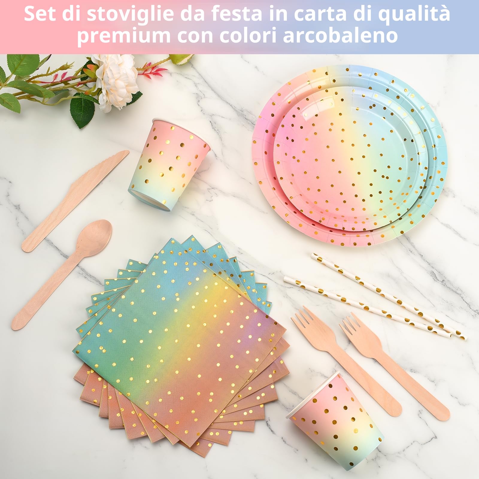 201 Pezzi Set Di Stoviglie Per Feste Rosa e Oro, Ceiliwen Set Di Stoviglie Monouso Per Feste Include Tovaglia, Piatti Di Carta Da 9'' e 7'', Tazza, Tovagliolo, Cannuccia, Posate Di Legno, Severs 25