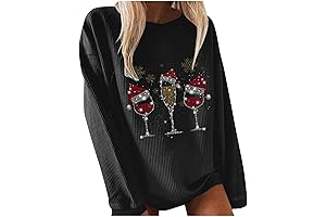 Womens Christmas Shirt Graphic Wine Glass Hat Sweater