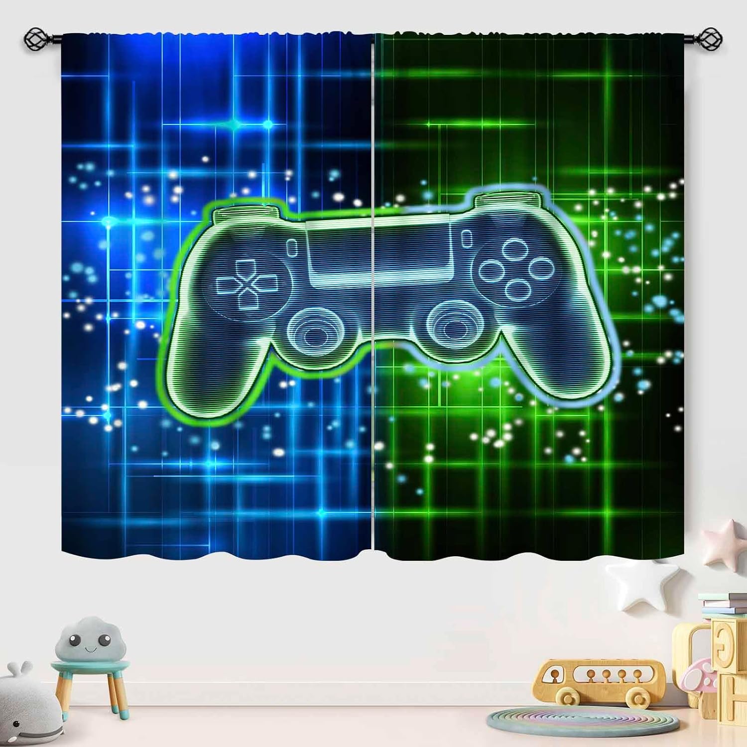 Gaming Curtains for Boys Bedroom,Video Game Kids Window Drapes Blue Green Game Controller Cool Window Treatment for Bedroom Living Room Playroom Gamer Drapes 21" W x 54" L,2 Panel Set image 4