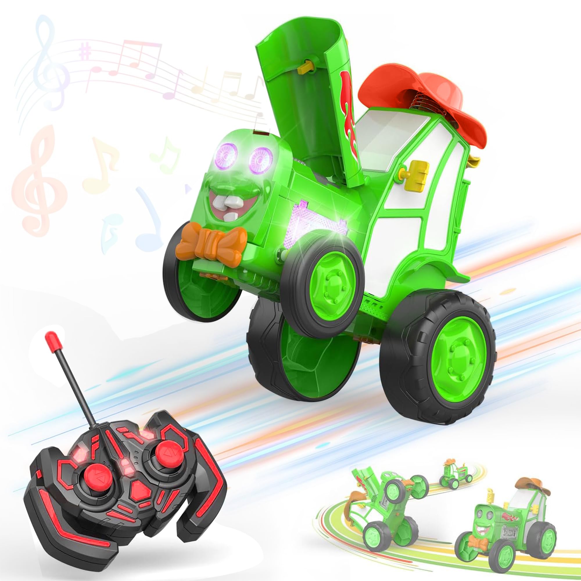 Kidology Crazy Jumping Tractor Toy | Remote Control Stunt Dancing Tractor with LED Lights, Music & Tumbling Action | Rechargeable RC Car for Kids Ages 3–12 Years (Green)-image-39