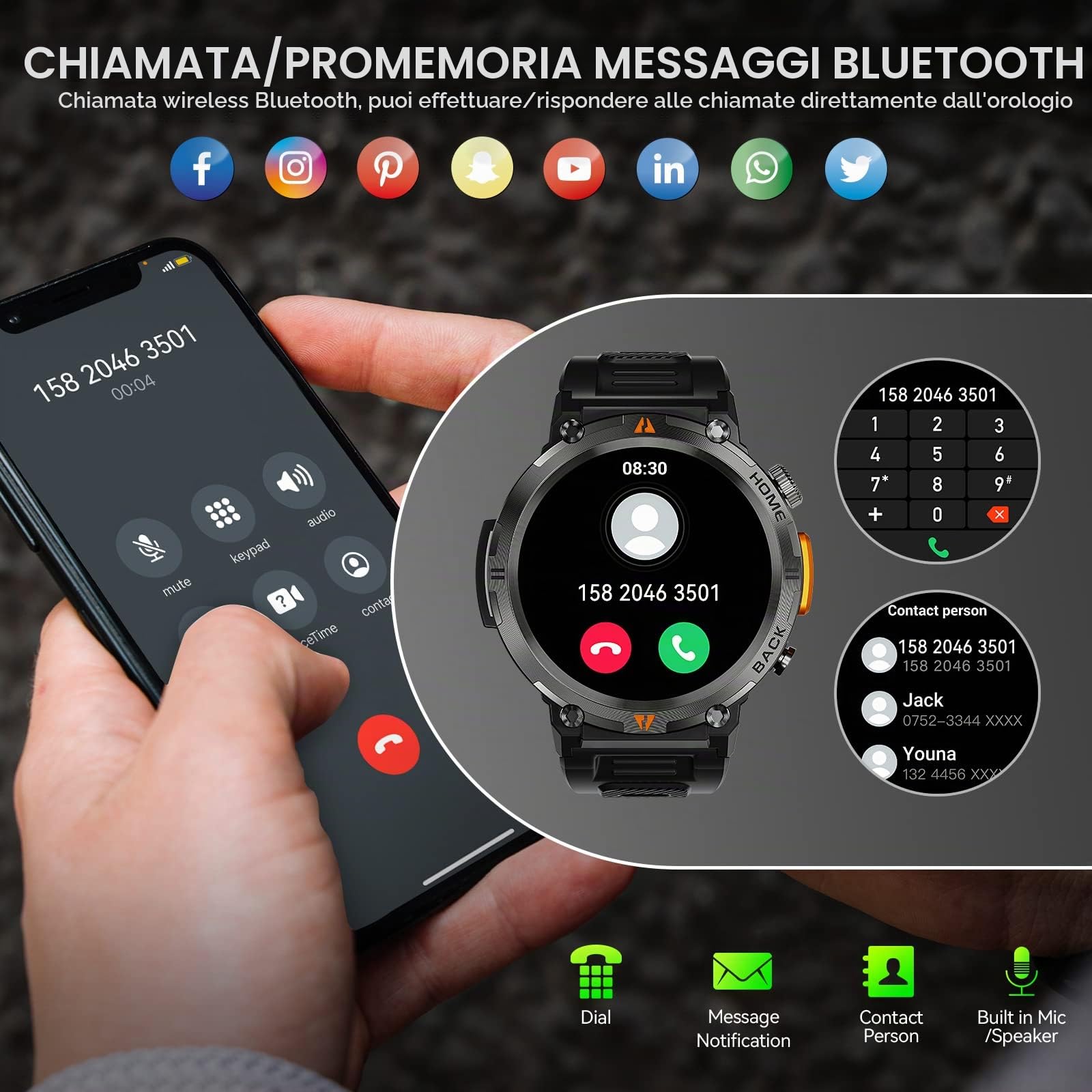 Smartwatch Militare Uomo Orologio Impermeabile 3ATM con Torcia LED | 1,45" HD Rugged Smartwatch Militare con Chiamate, Orologio Fitness con 110+ Modalità Sport Notifiche WhatsApp per Android iOS