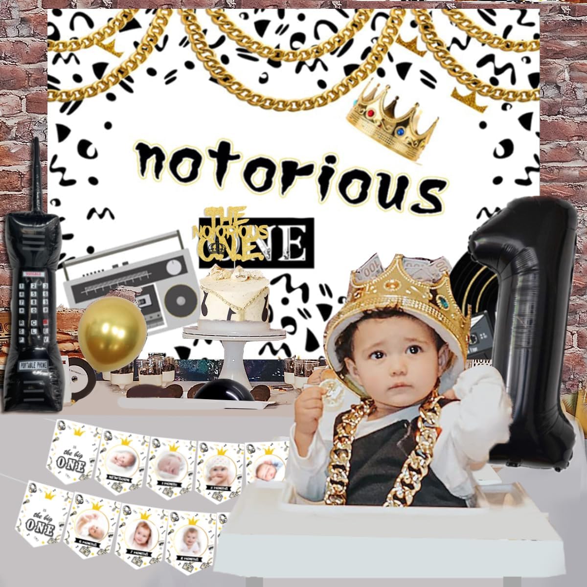 Notorious One Birthday Decorations, the Big One Black and Gold 1st Decorations Backdrop Balloon Garland Monthly Photo High Chair Banner Poster Cake Topper Retro Phone Gold Chain 105 PCs