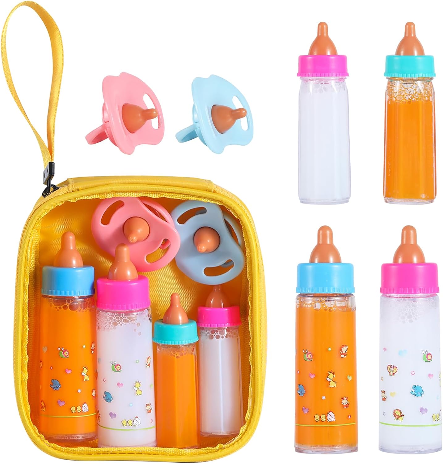 Baby Doll Bottle Accessories - 6 Pcs Feeding Bottle Toys, Magic Disappearing Milk & Juice, Magnetic Pacifiers Set for Pretend Play Kids Gift Yellow