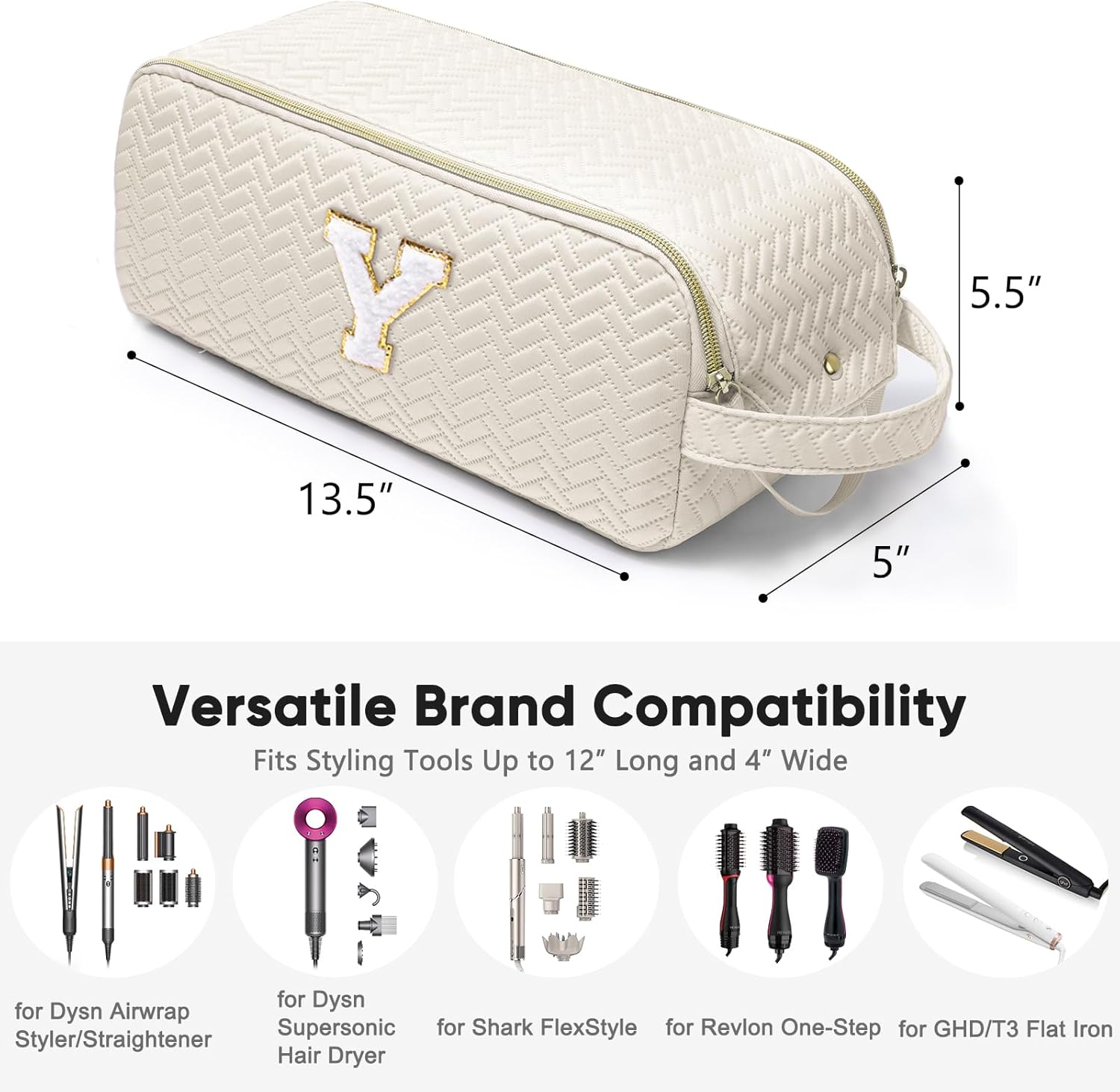 Initial Personalized Hair Tools Travel Bag Compatible with Shark FlexStyle, Revlon & Dyson | Hair Dryer Brush Organizer, Flat Iron, Curling Iron, Makeup & Cosmetic Bag for Travel Essentials