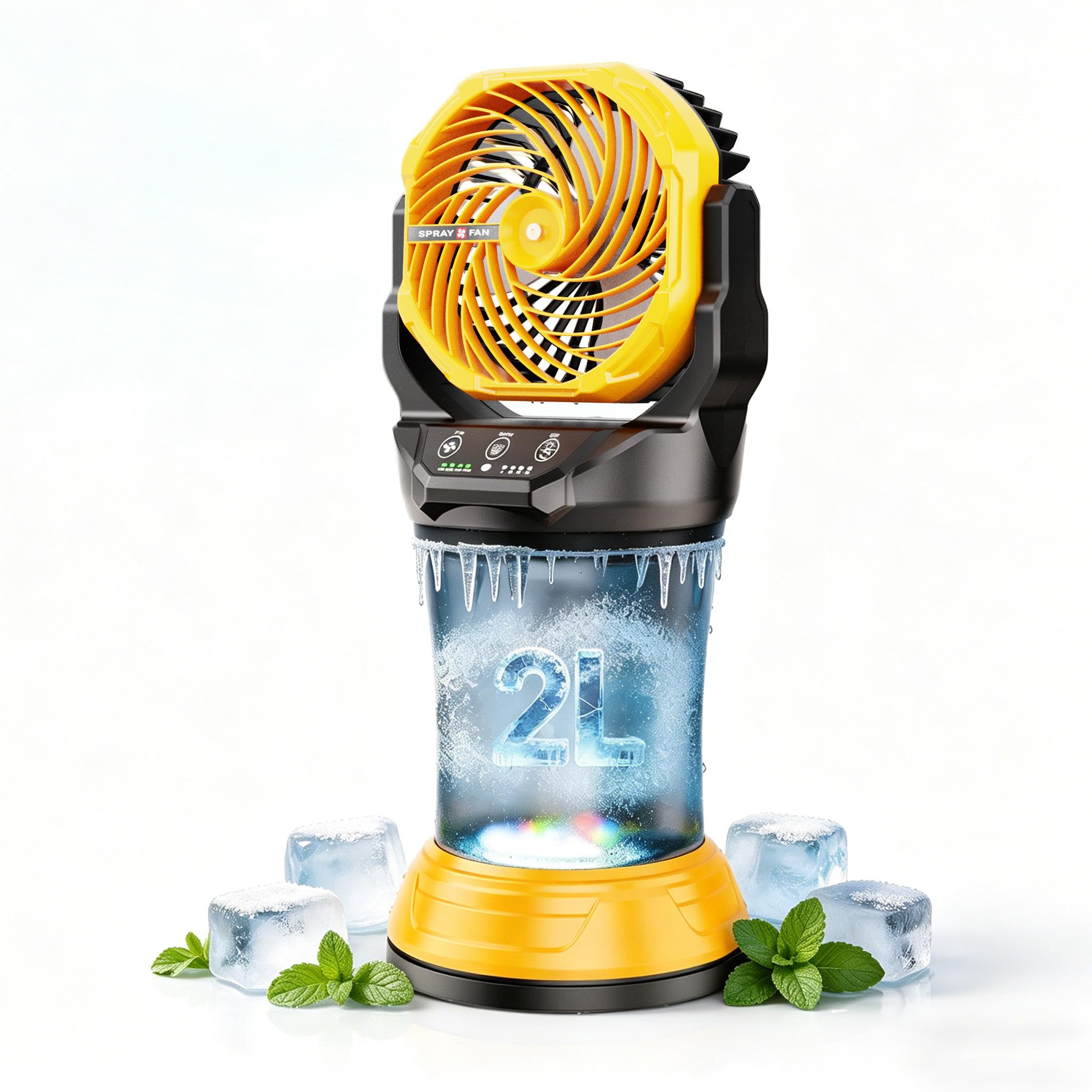 Photo 1 of Lacoco Portable Misting Fan, Rechargeable Battery Operated Outdoor Misting Fan with 2L Bucket, 4 Speeds Spray Personal Cooling Fan with RGB Light 120° Auto Oscillating for Patio