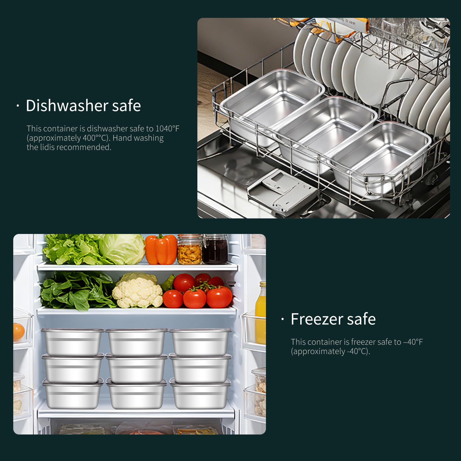 GIUOIDUO Paquete de 10 recipientes de acero inoxidable para almacenamiento de alimentos con tapas a prueba de fugas, cajas de almuerzo de metal reutilizables de 37 onzas, apilables, aptos para