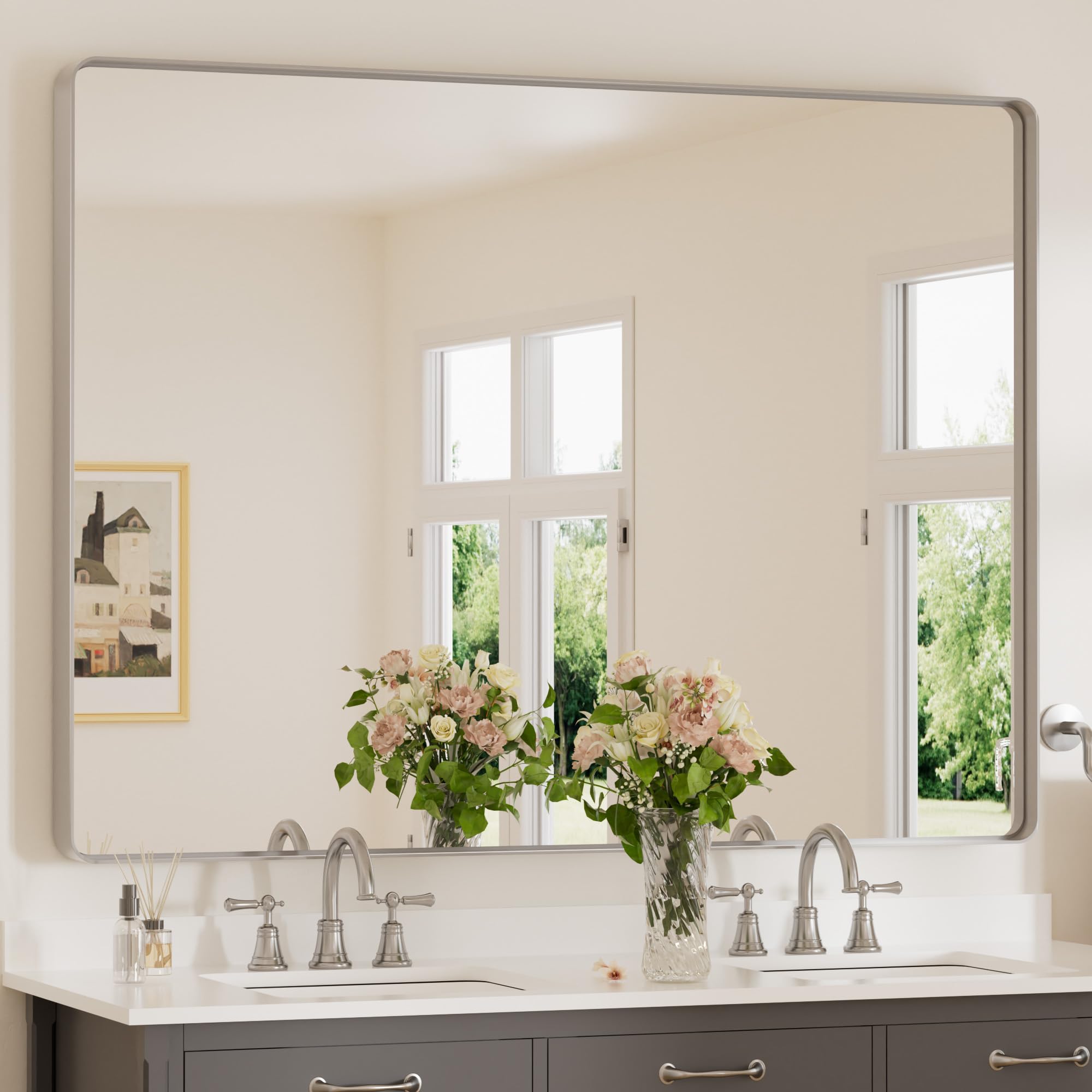 Keonjinn Silver Mirror for Bathroom, 48 x 36 Large Rounded Rectangle Bathroom Vanity Mirror, Matte Silver Metal Framed Wall Mirror, HD Tempered Glass Modern Decorative Grey Mirror(Horizontal/Vertical)
