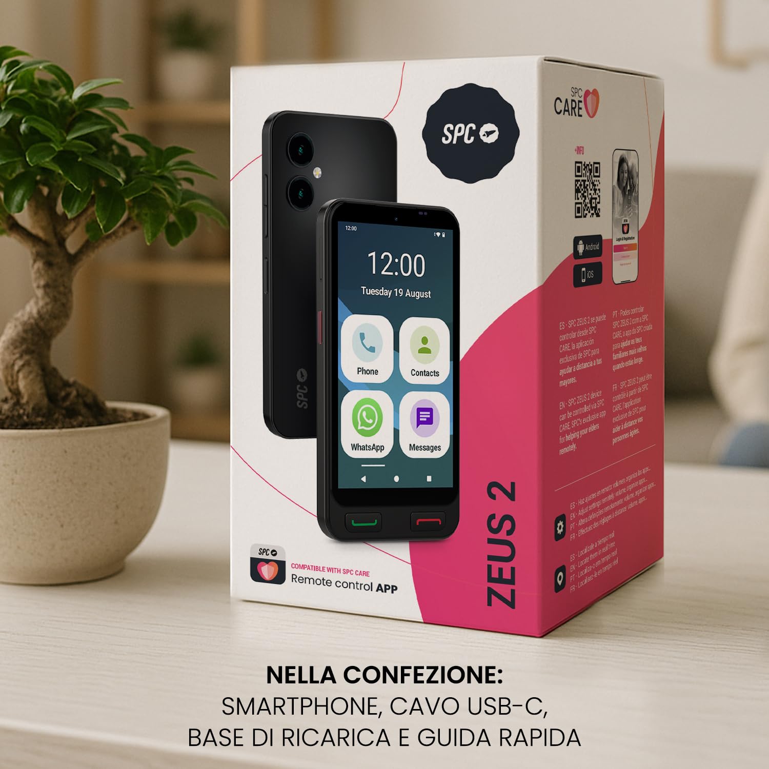 SPC ZEUS 2 + COVER - Smartphone senior, modalità facile, icone XXL, 5" | Compatibile con l'app per controllo/localizzazione remota, tasti fisici, base di ricarica, 64GB, SOS e 2 fotocamere