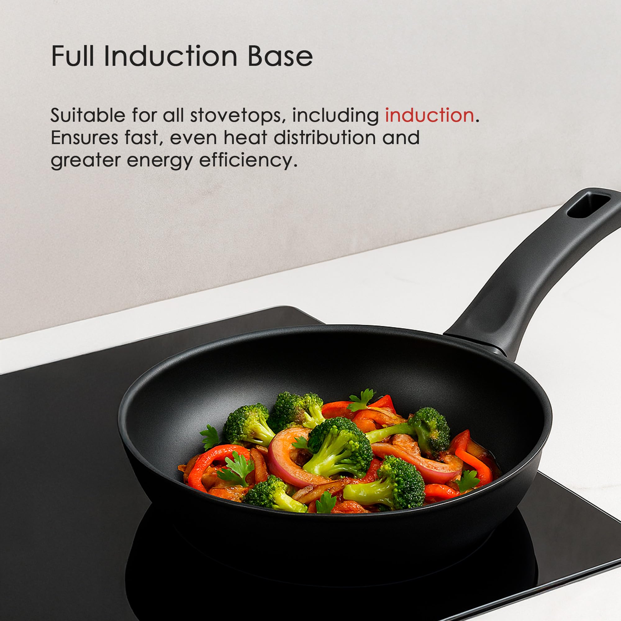 Wecook! Ecogreen Juego de Sartenes Antiadherentes Set de 3 sartenes 20-24-28 cm de Aluminio Prensado – Apta para todas las cocinas Inducción, Gas y Vitrocerámica, libre PFOA, Mango Soft Touch, Negro