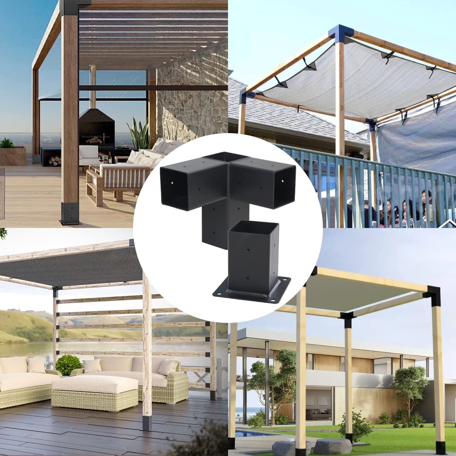 Kit de soporte para pérgola, soporte de poste de acero al carbono recubierto de polvo de 6 x 6, kit de pérgola de carpintería en ángulo recto, kit de herramientas de pérgola de placa gruesa para