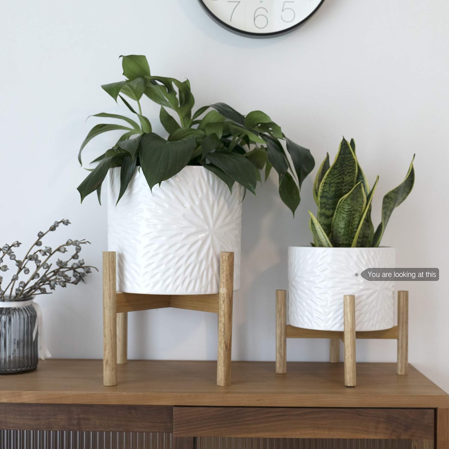 Buy Ceramic Plant Pot With Wood Stand 8 Inch White Cylinder Floral Pattern Embossed Flower Pot Indoor With Wooden Planter Holder Online In Vietnam B08fj4qvlr