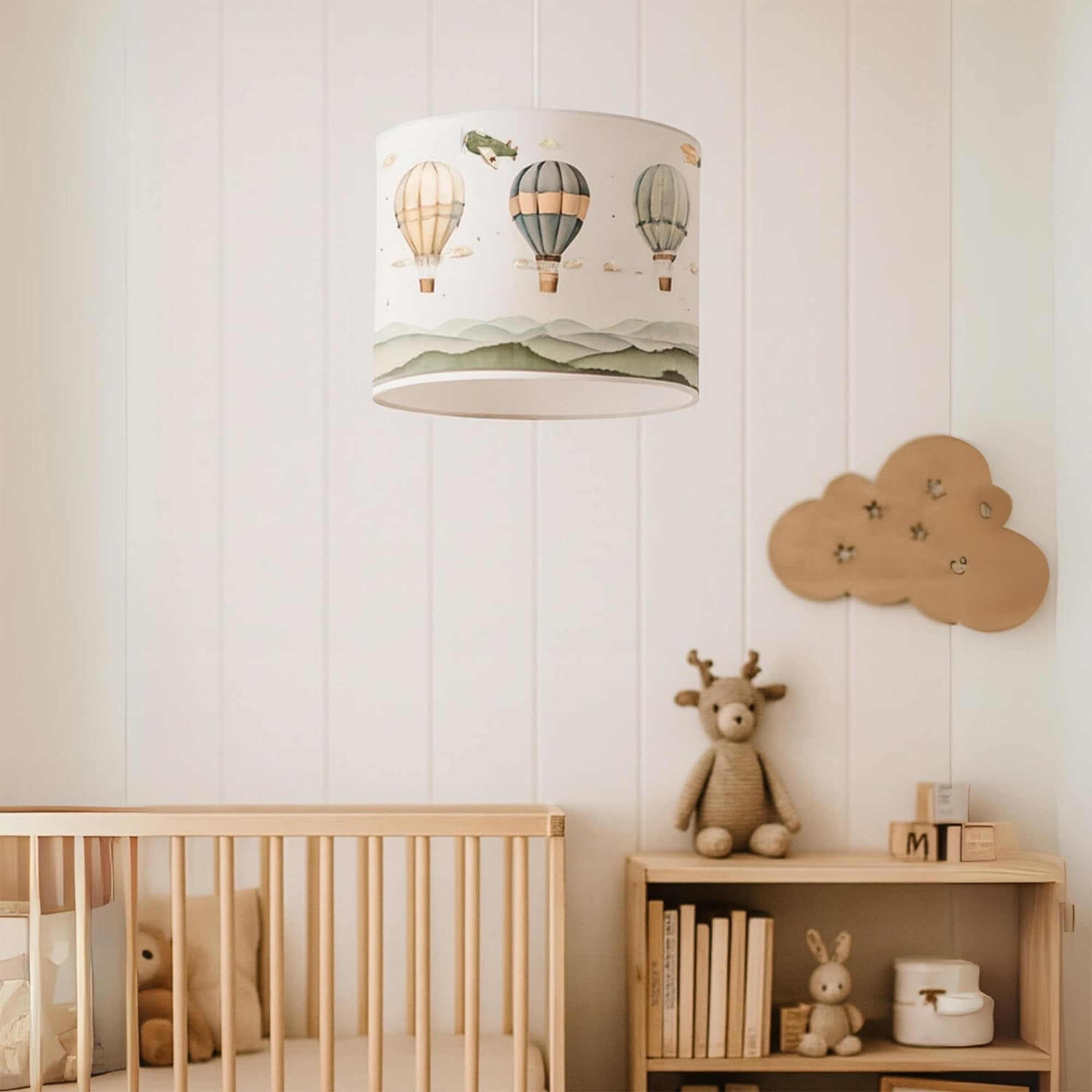 lux.pro Kinderzimmer Lampe Rugby Deckenleuchte E27 LED-geeignet Hängelampe mit Stoffschirm Heißluftballon-Motiv 70 cm hoch höhenverstellbar Weiß