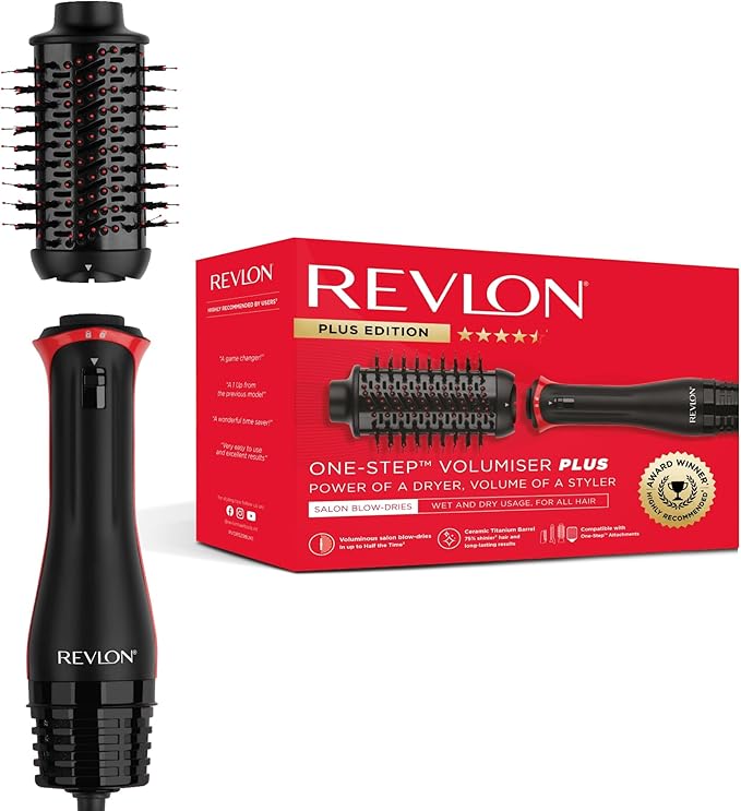 Revlon One-Step Volumiser Plus (spazzola ovale staccabile, rivestimento in ceramica di titanio, setole miste con punte a sfera al carbone attivo, tecnologia ionica alla tormalina)