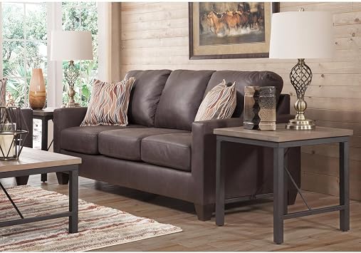 HomeStock Handmade Home Square Arm Sofa in Brown Faux Leather with Two Accent Pillows