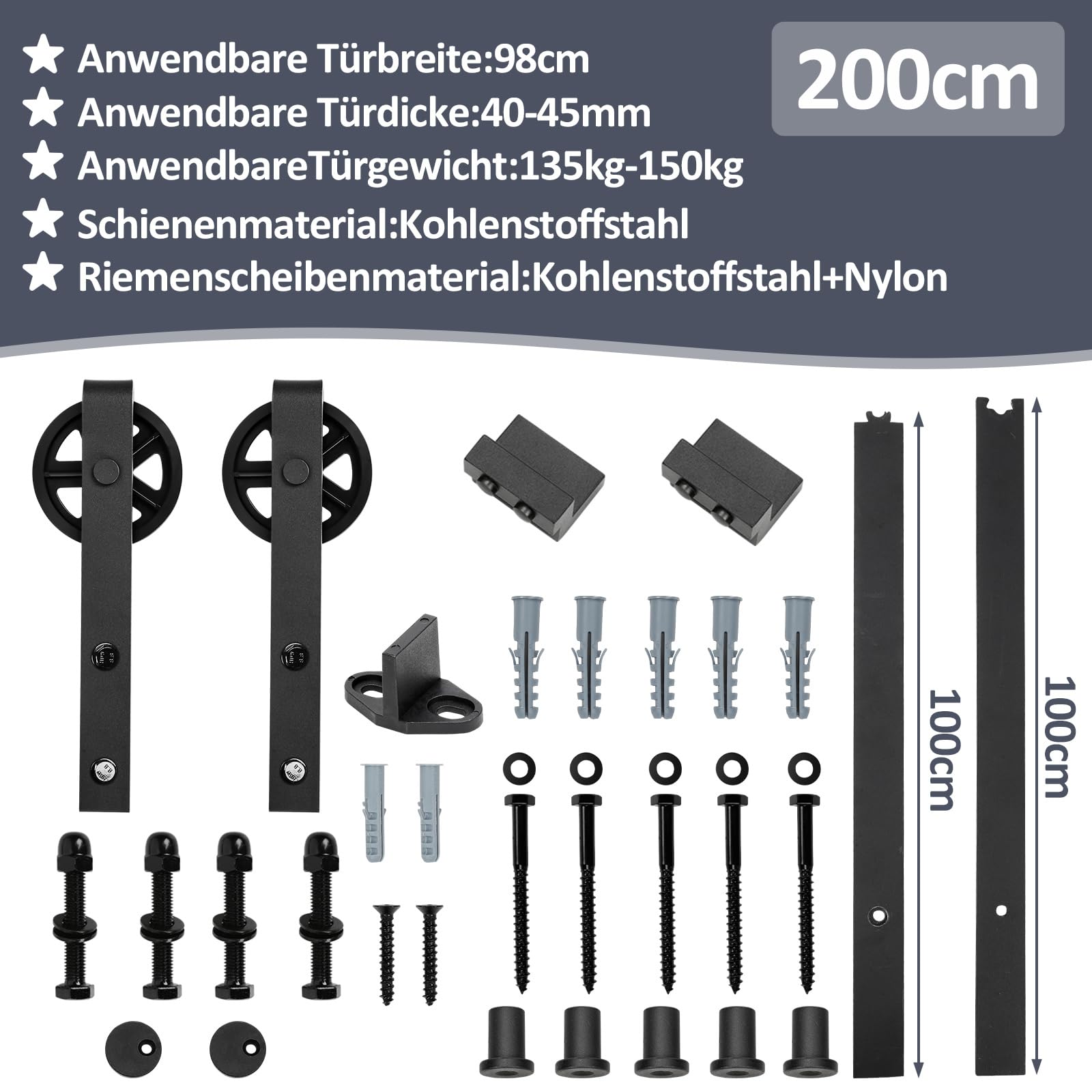 System drzwi przesuwnych, duże rolki, stal węglowa, 150 kg, 200 cm