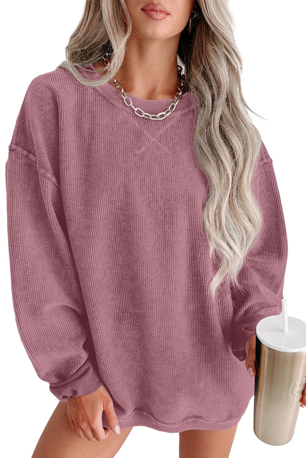 QIXING Damen Sweatshirt Oversize Pullover Rundhals Baumwollpullover Langarm Cordpullover Tops Herbst Mode Outfits 2025