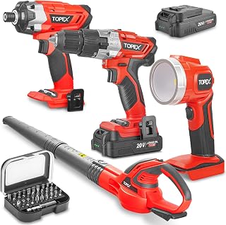 TOPEX 20 V Cordless Kit: Hammer Drill,Impact Driver,LED Light & Leaf Blower w/Screw Bits