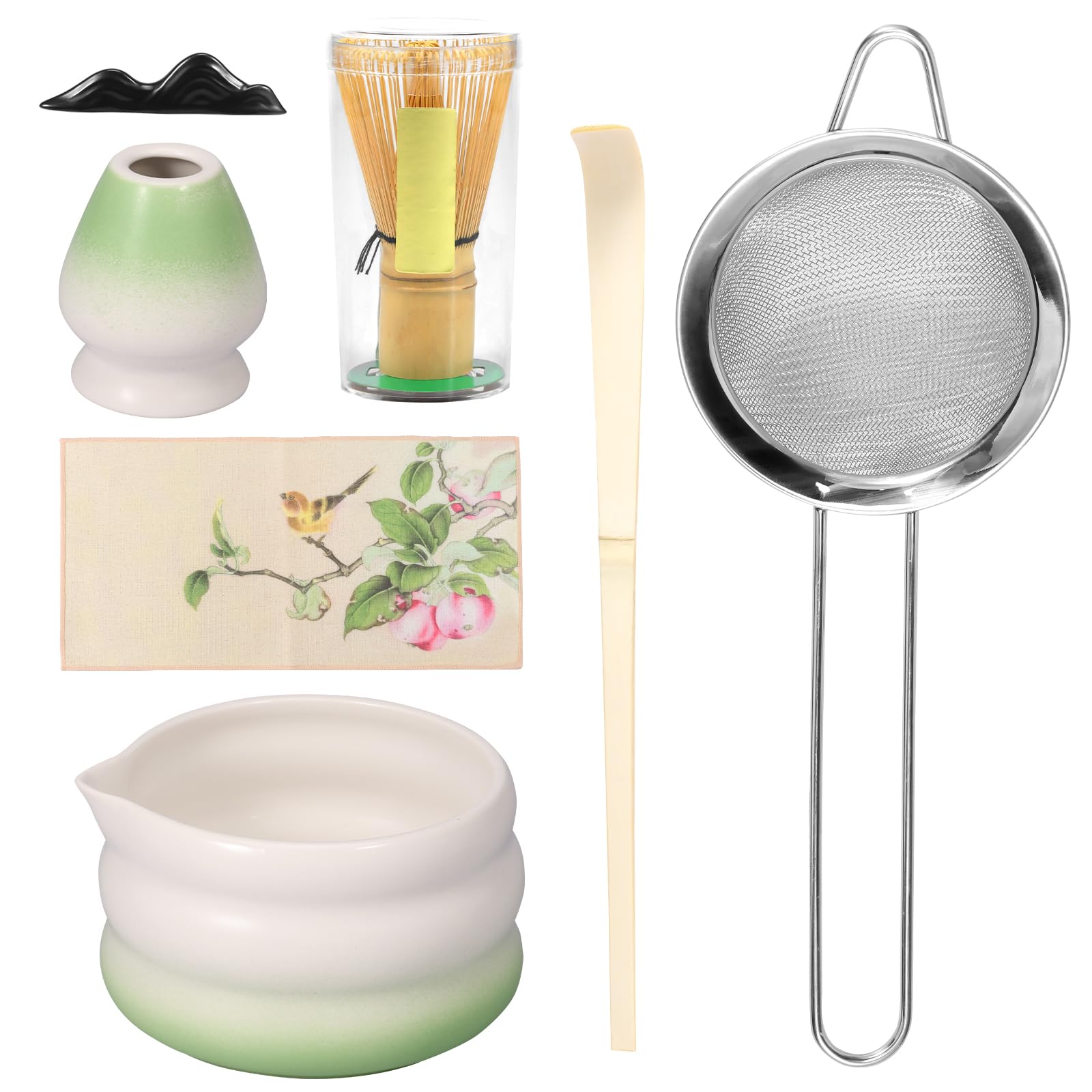 Juego de batidores de matcha – Juego de 7 piezas para hacer té japonés con cuenco matcha, batidor de bambú y soporte de cerámica, tamiz de batidor de acero inoxidable, paño de cocina