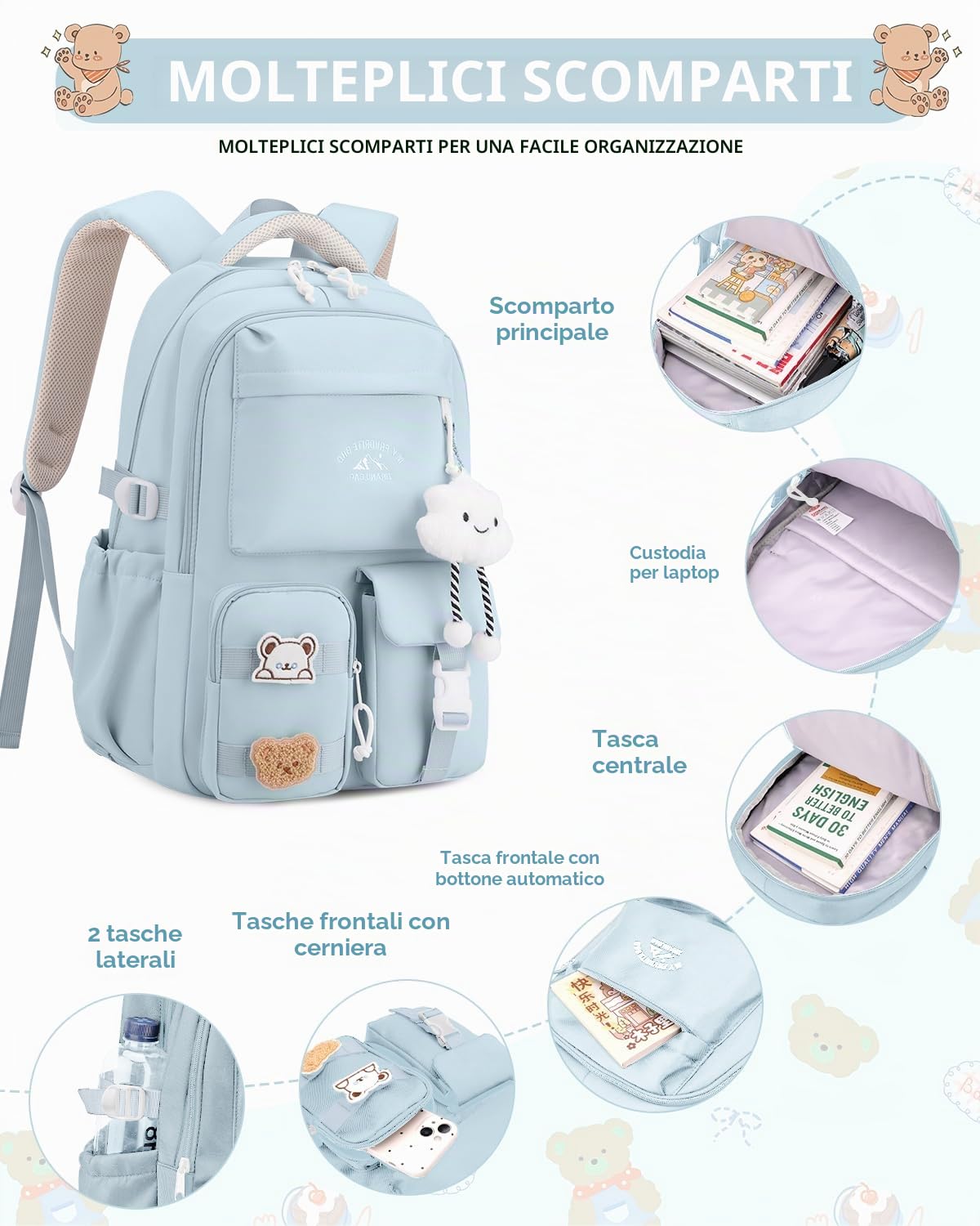 Tanou Zaino Trolley Scuola Elementare e Media | Zaini con Ruote da 30L per Ragazze Adolescenti, Zaino Rotelle Bambina Staccabile da Viaggio, Blu