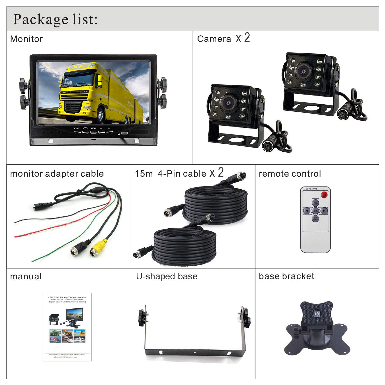 Camara Trasera de Coche, 2×8LEDs Ángulo Visión de 120 ° de Ancho IR Night Vison Cámara de Estacionamiento a Prueba Agua con 15M Cable + 12V-24V 7 "TFT LCD HD Monitor para Autobús/Camión/Remolque/RV