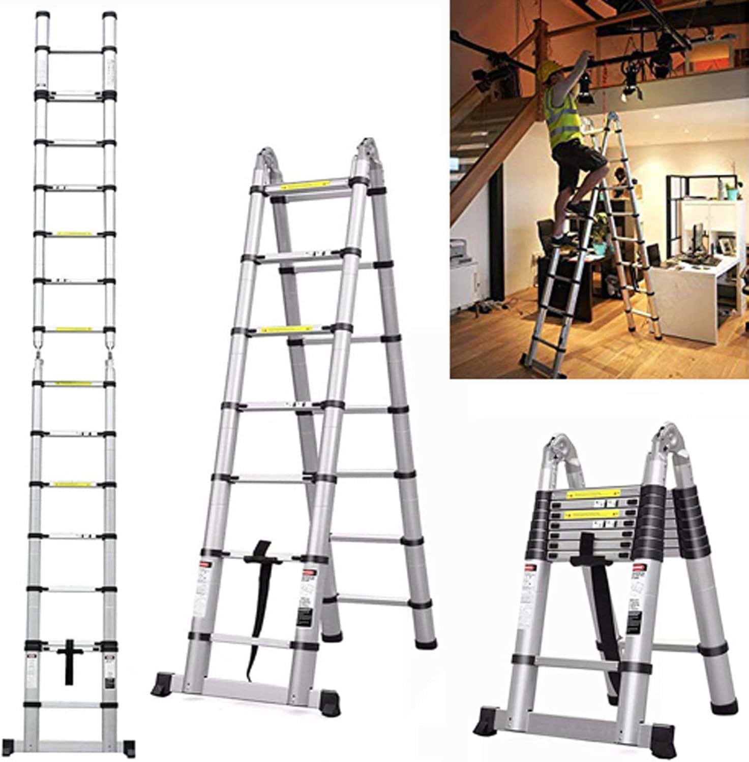 Royalswill 5M Telescopic Ladder 16.5FT Extension 2.5M+2.5M A-Frame Multi-Purpose Folding Aluminium Telescoping Anti-Slip Lightweight Portable Loft Ladders, 330lb Capacity, EN131, Silver — image 1