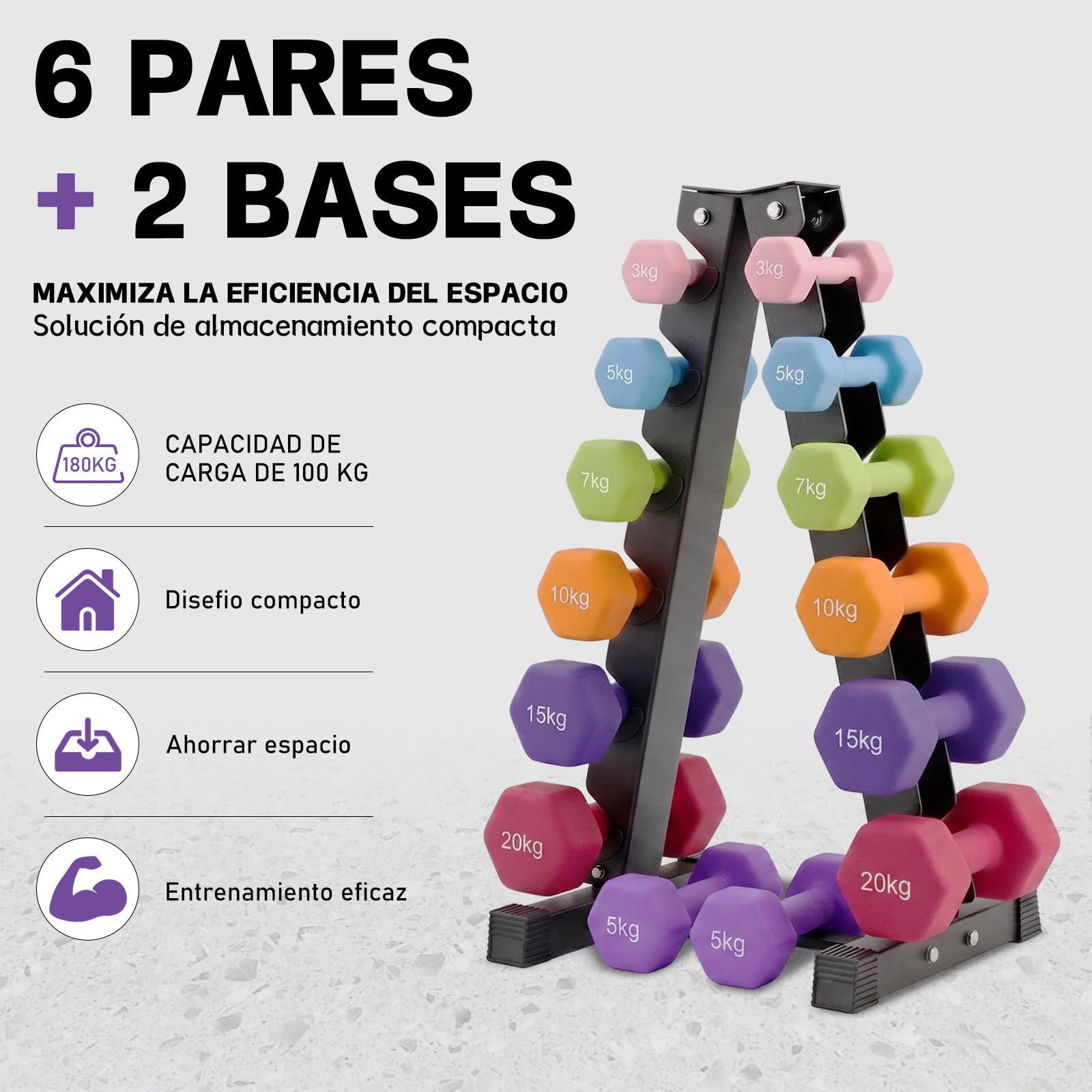 Soporte para Mancuernas de 6 Niveles,Estructura en A, Capacidad180kg con Goma Antideslizante, para Gimnasio y Fitness en Casa (6, Kilogramos, 180)