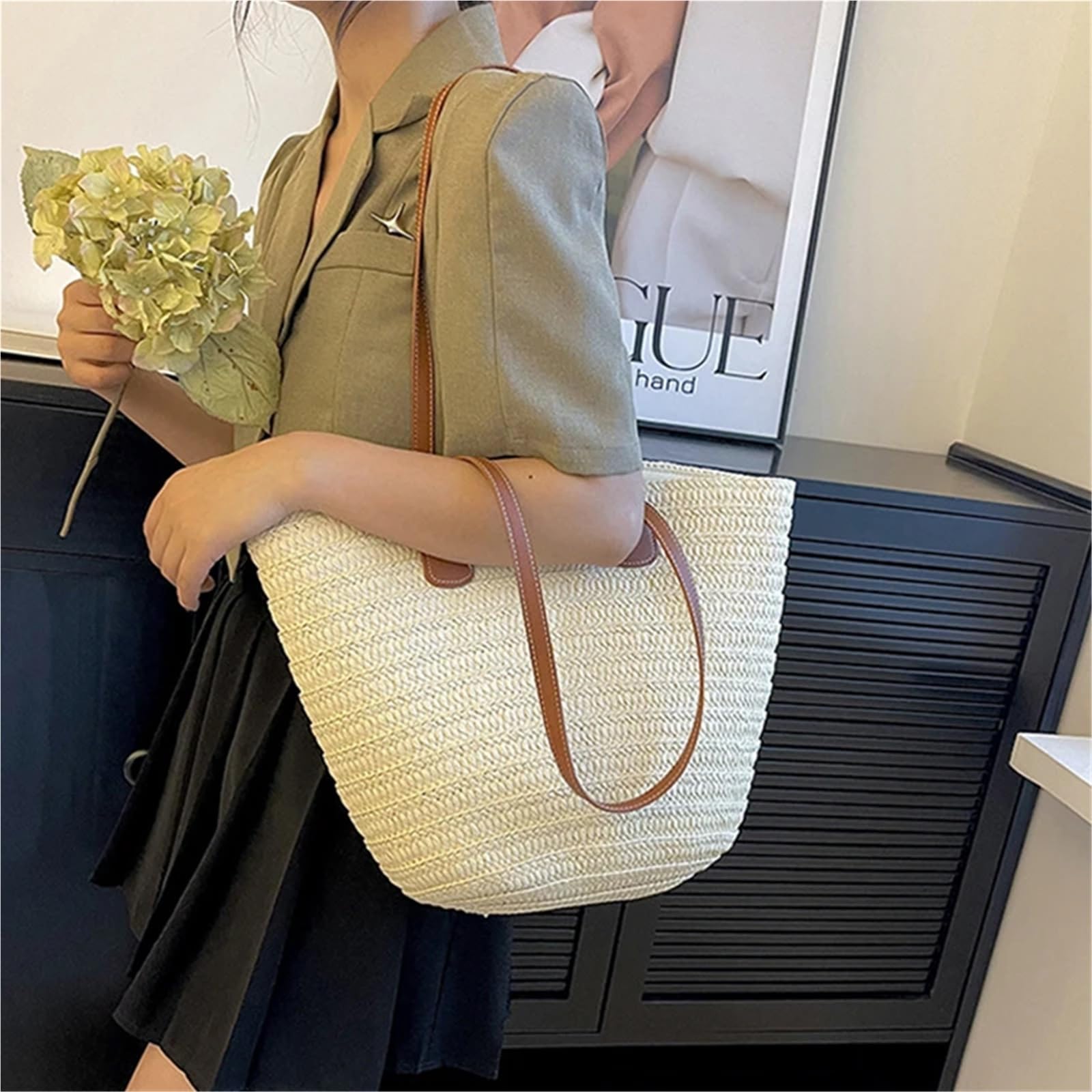 Bolso de Hombro de Paja Bolsos de mano cesta trenzada for mujer, bolso con asa superior, bolsos playa verano portátiles paja grande