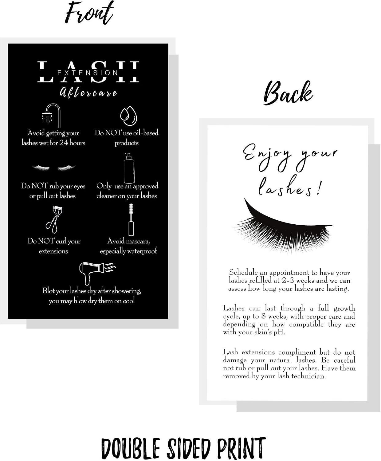 Lash Extension Aftercare Instructions Cards | 50 Pack | Double Sided Size 3.5 x 2" inches After Care (2-3 Week Fillers) | Black and White Sided Design