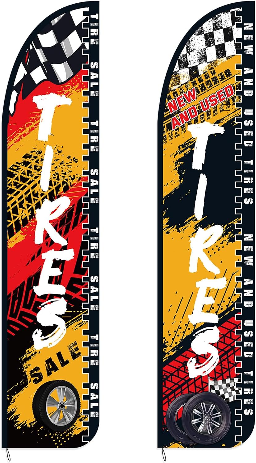 HunnmingRe 2 Pack 12 Feet Tire Sale King Flags New and Use Tires Shop Feather Flags for Businesses Highly Visible Weatherproof Polyester Banner Sale Advertising Sign No Flagpole Include(Fashionable)