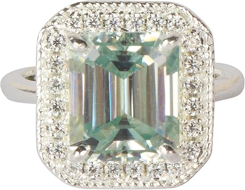 GEMHUB 2.5 Carat 925 Sterling Silver Green Moissanite US-4.5 Emerald Shape Halo 