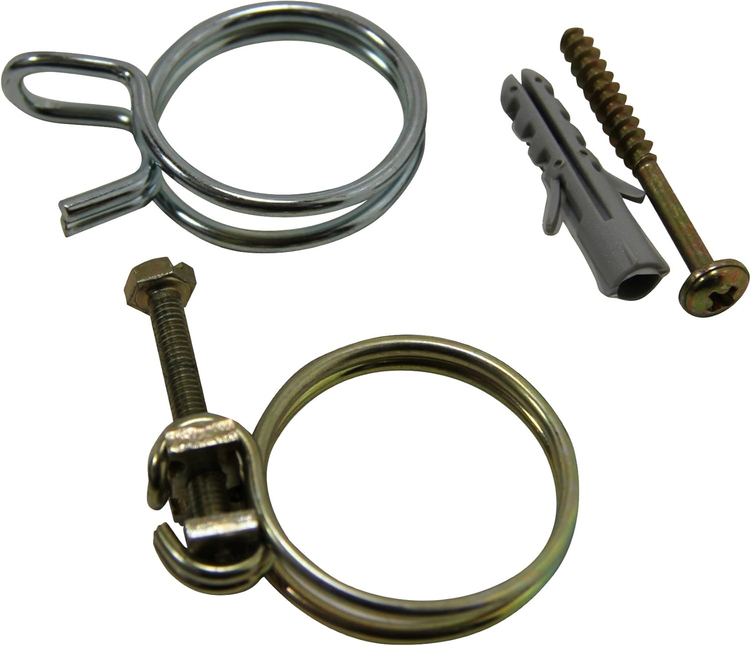 Components of the Bosch Dishwasher Mounting Set, including two types of clamps, a screw, and a wall plug.