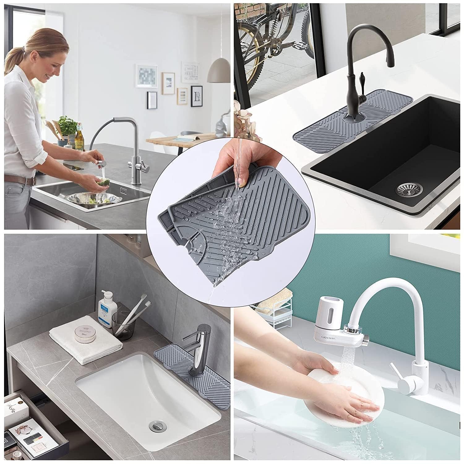 SWIREUK Silicone Sink Mat, Kitchen Faucet Sink Drainer Mat, Countertop Splash Protector & Storage, Dish Drying Mat, Non-Slip Soap Holder No Mess Silicone Splash Pad for Bathroom Sink 2
