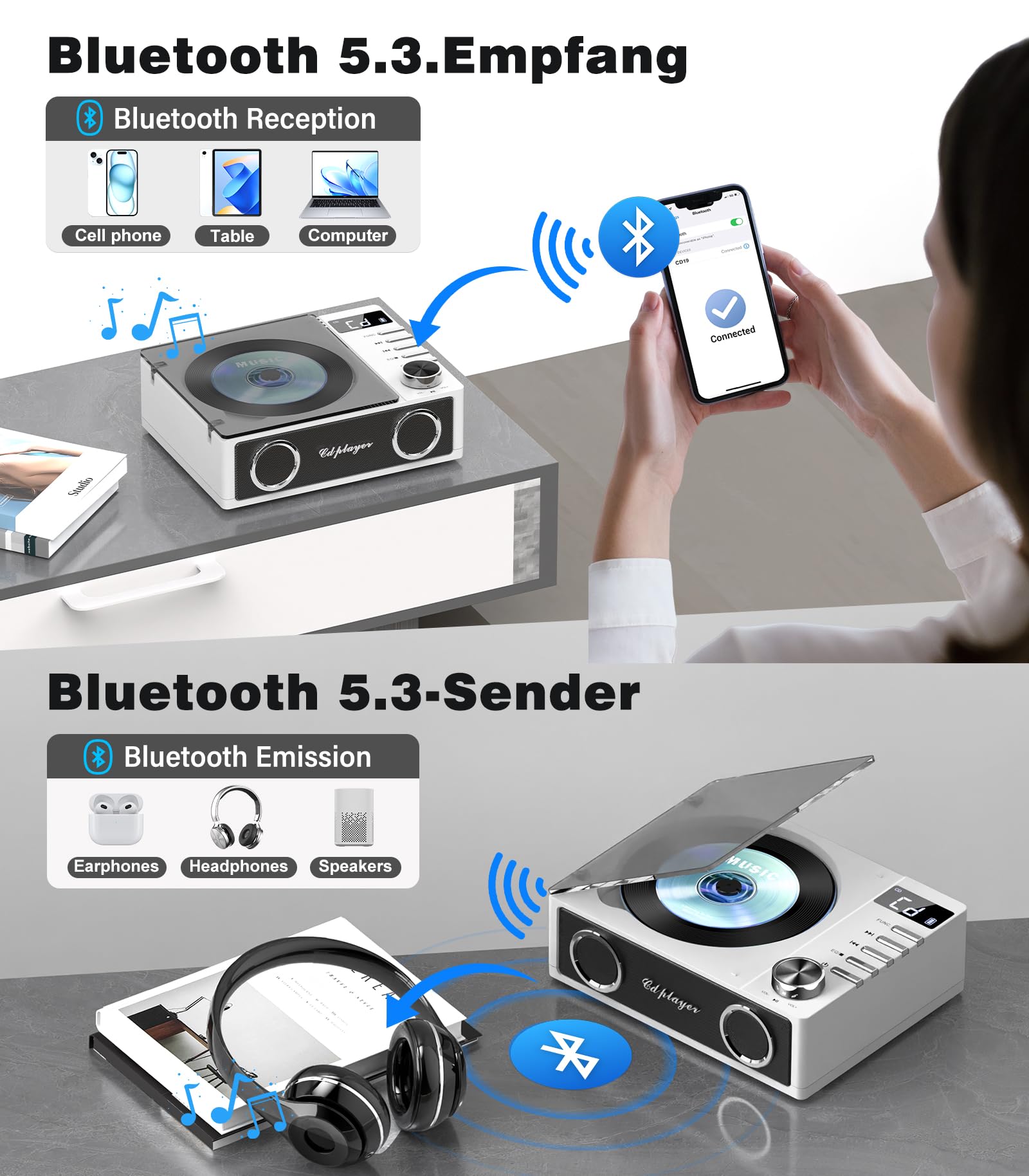 Greadio CD Player Tragbar mit Bluetooth 5.3, 4000mAh Wiederaufladbarer CD-Player mit Fernbedienung, HiFi-Sound-Lautsprecher, unterstützt USB, TF, AUX, LED-Display für Zuhause/Geschenk (Weiß)