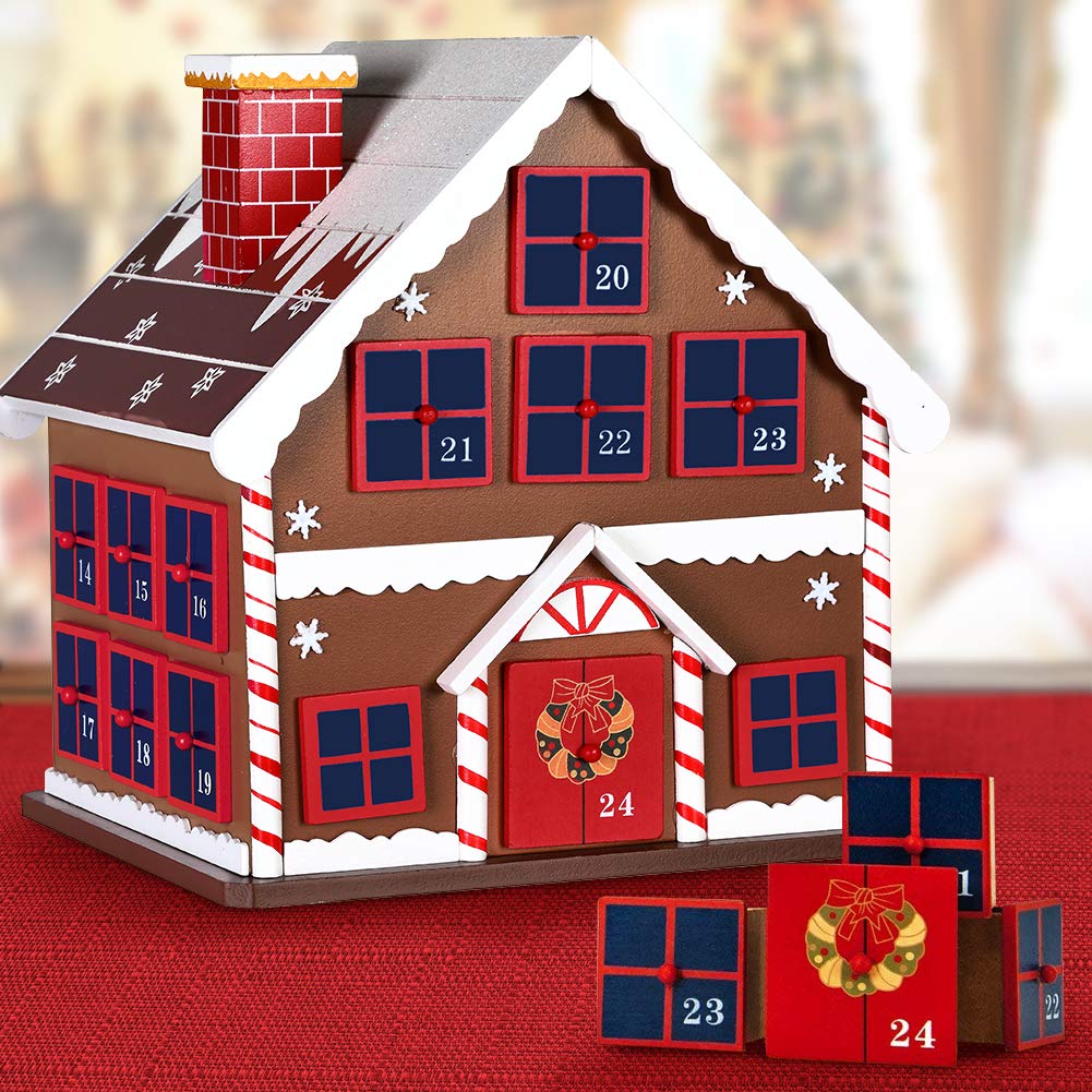 BAKAJI Calendrier de l'Avent de Noël en bois avec 24 tiroirs numérotés pour surprise, décorations de Noël, maison