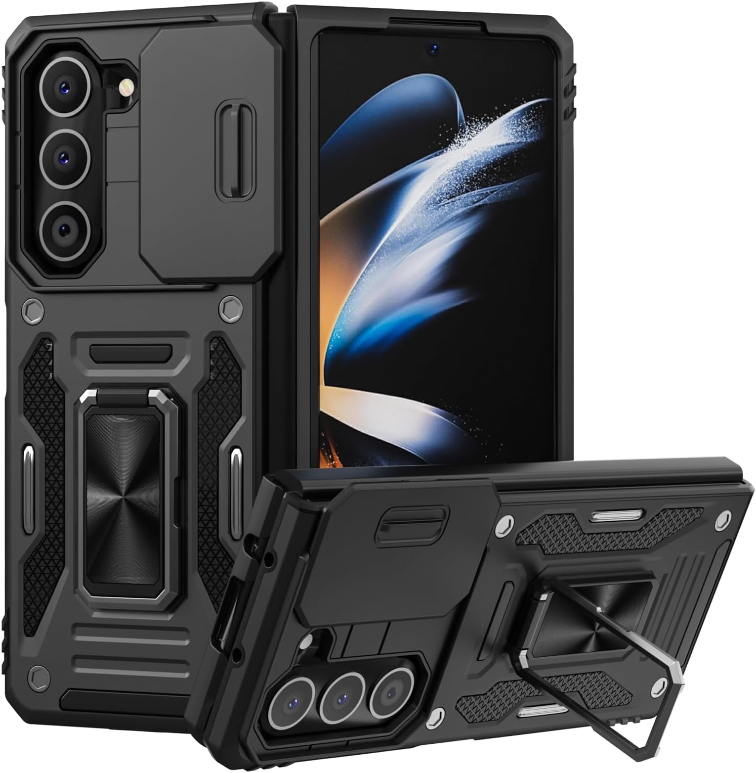 Giolus for Samsung Galaxy Z Fold 5 Case [Slide Camera Cover Protection] Military Grade Shockproof Phone Case with 360° Rotatable Kickstand, Rugged Armor Protective Bumper Case for Z Fold 5 Black