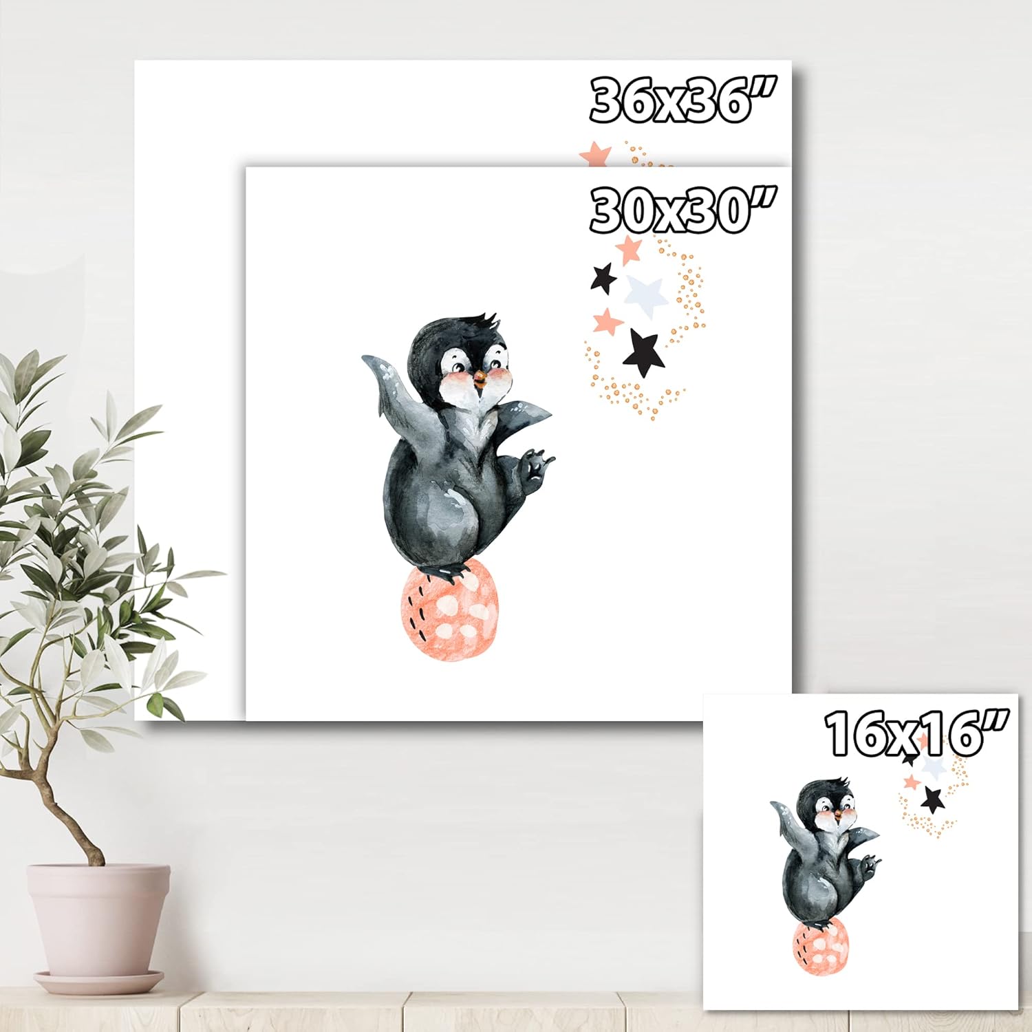 Little Penguin With Stars and Planets II Farmhouse Canvas Wall Art