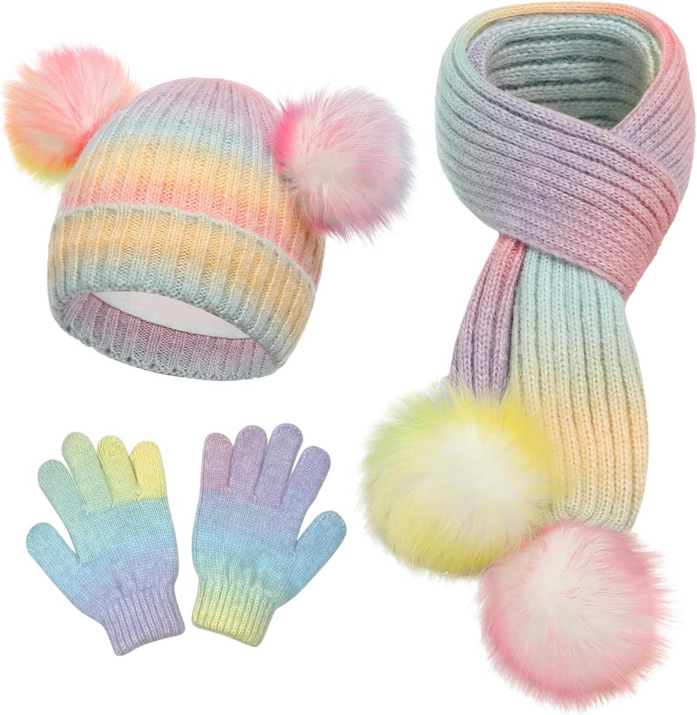 7 Color Kids Winter Set, Pom Pom Hat Scarf Gloves, Fleece Lined Cold Weather Accessories