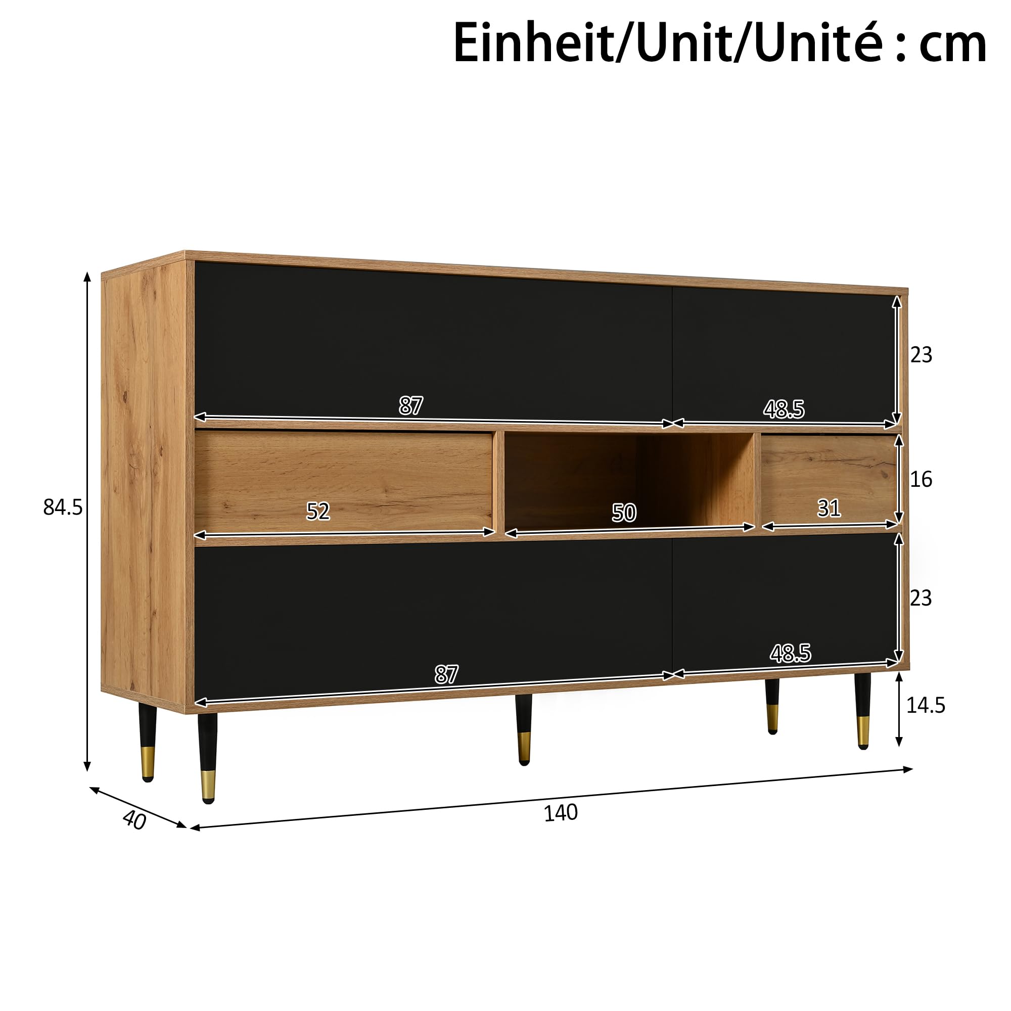 HAINEW Komoda z 4 drzwiami i 2 szufladami, szafka bufetowa, szafka pomocnicza, szafka do przechowywania, szafka kuchenna z 1 otwartą półką, 140 x 40 x 84,5 cm, kolor naturalny + czarny, HD26062504