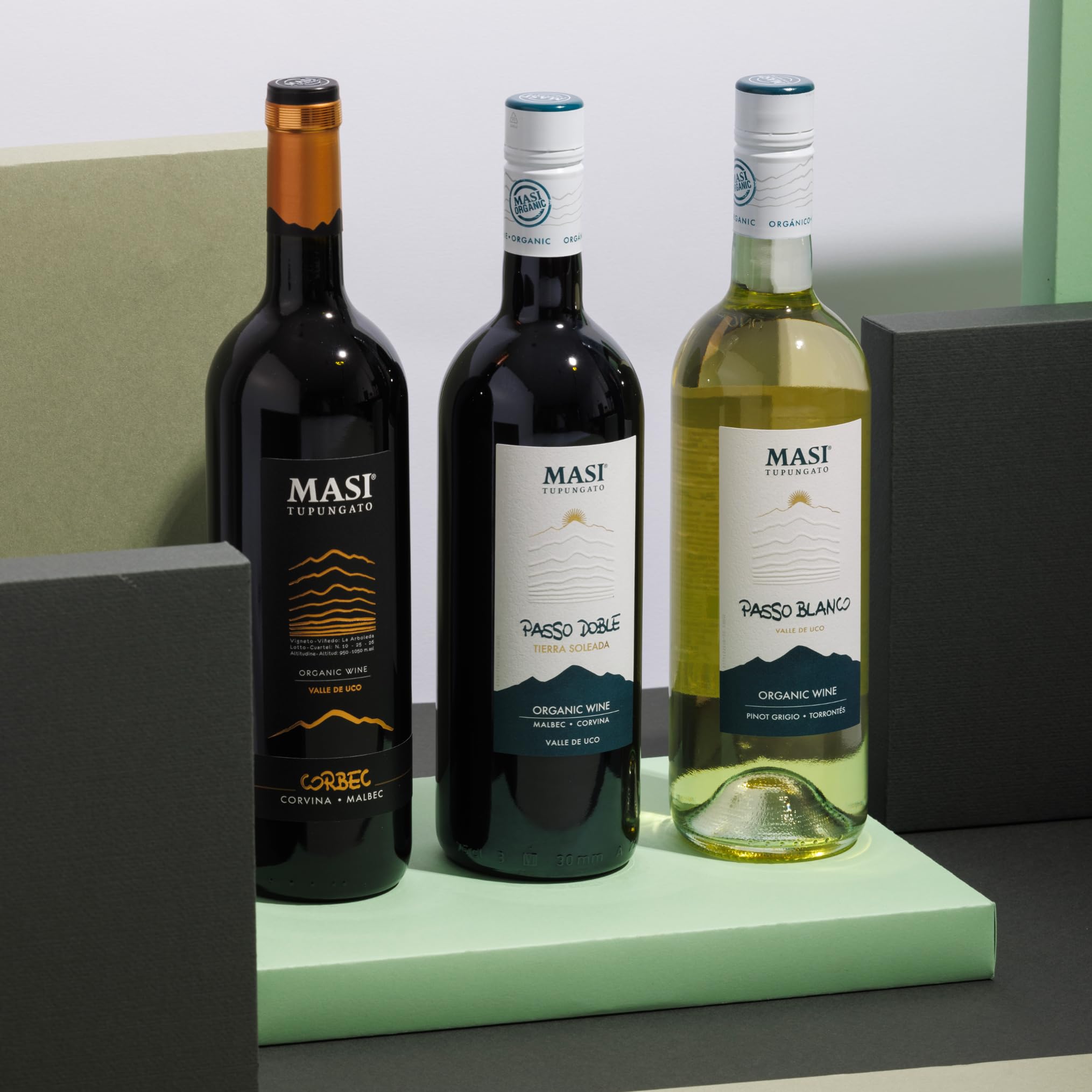 Confezione esclusiva "Masi Tupungato" | CORBEC 2019 Rosso di Argentina BIO, PASSO DOBLE 2021 Rosso di Argentina BIO, PASSO BLANCO 2023 Bianco di Argentina BIO | 3x750 ml | Confezione in legno