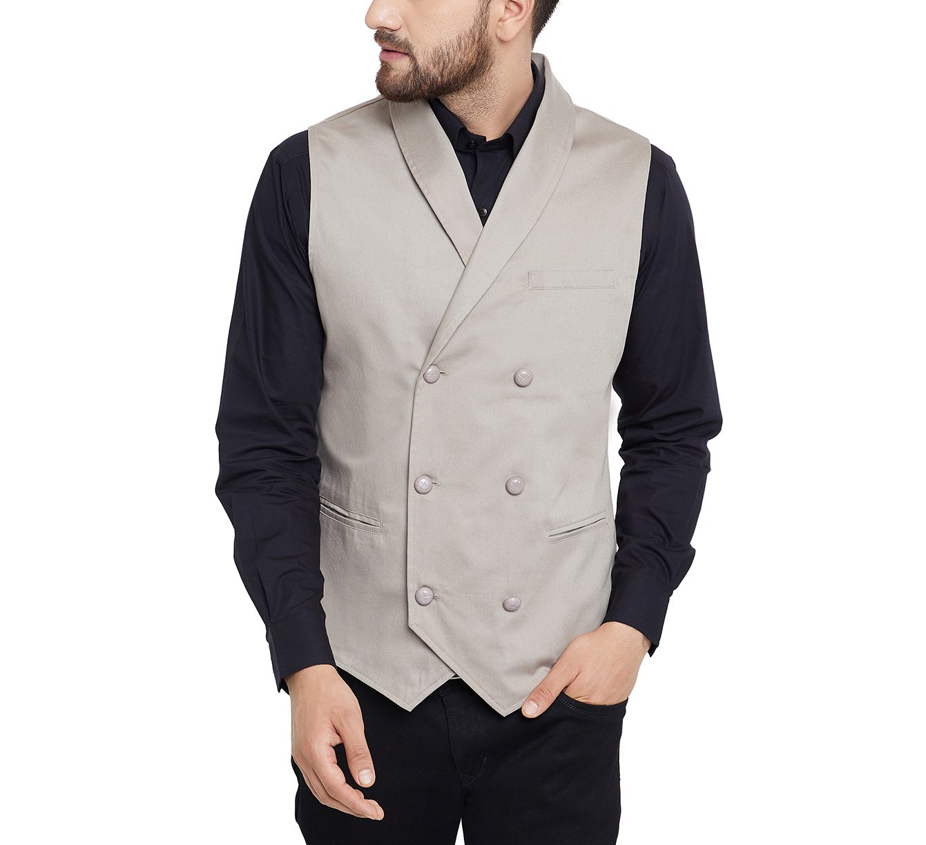 Beige Color Cotton Double Breast Waistcoat for Men(HYPM02159)-image-19