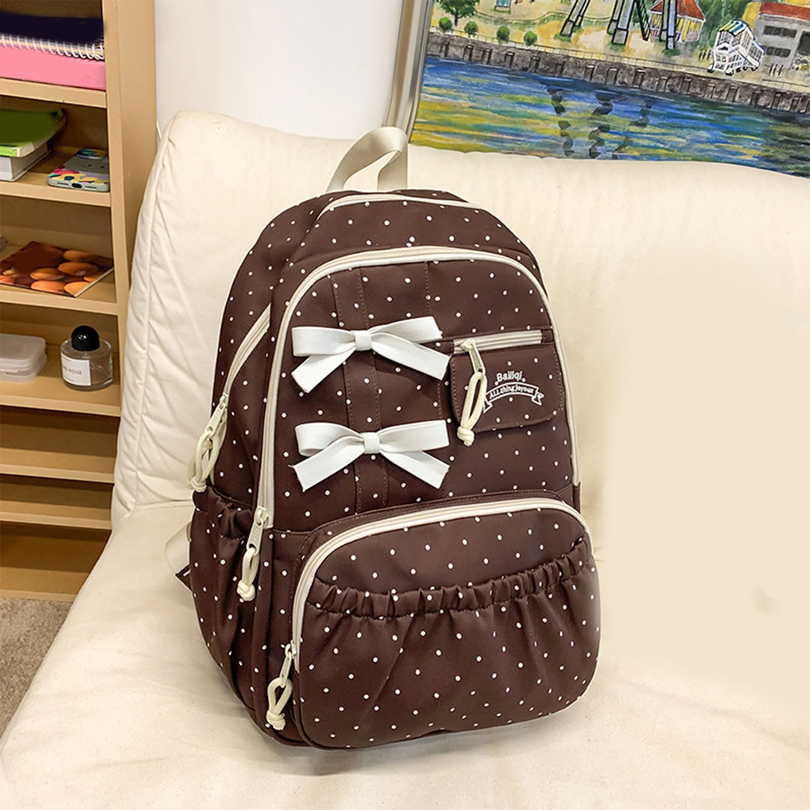 Elegante zaino a pois per donne e uomini grande capacità pratica borsa da libro in nylon con comoda tracolla casual Daypack, Colore caffè.