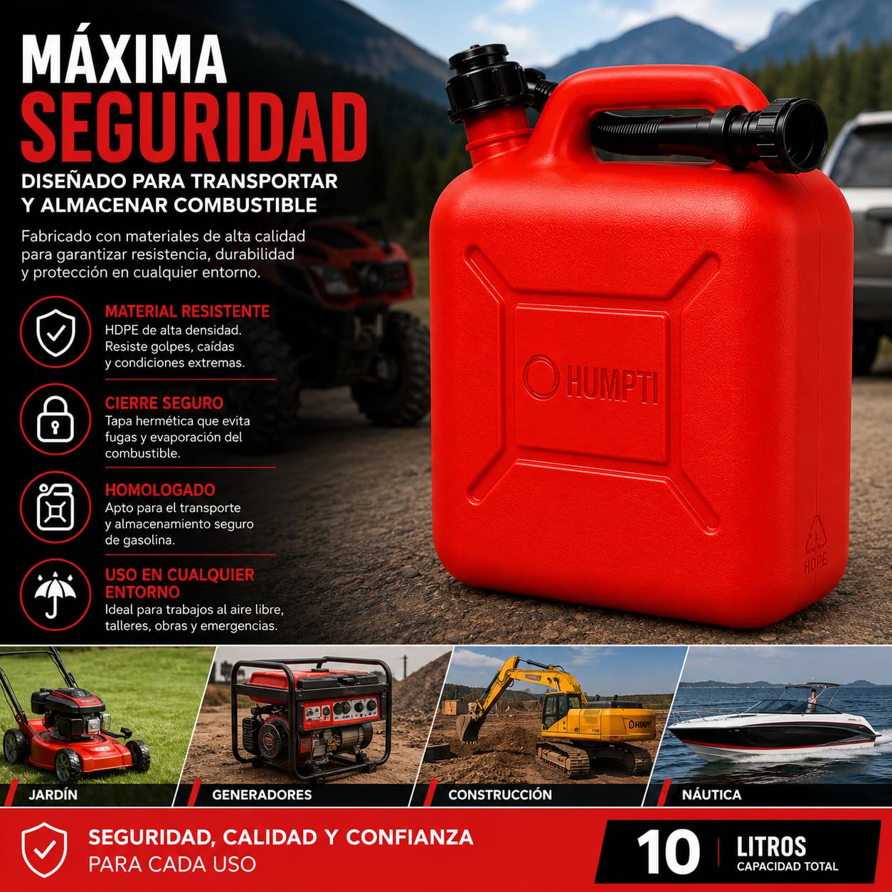 Garrafa Gasolina 10L Homologada Pack de 3 - Bidón Combustible Plástico con Visor de Nivel - Bidones para Gasolina y Gasoil Homologados 30 Litros
