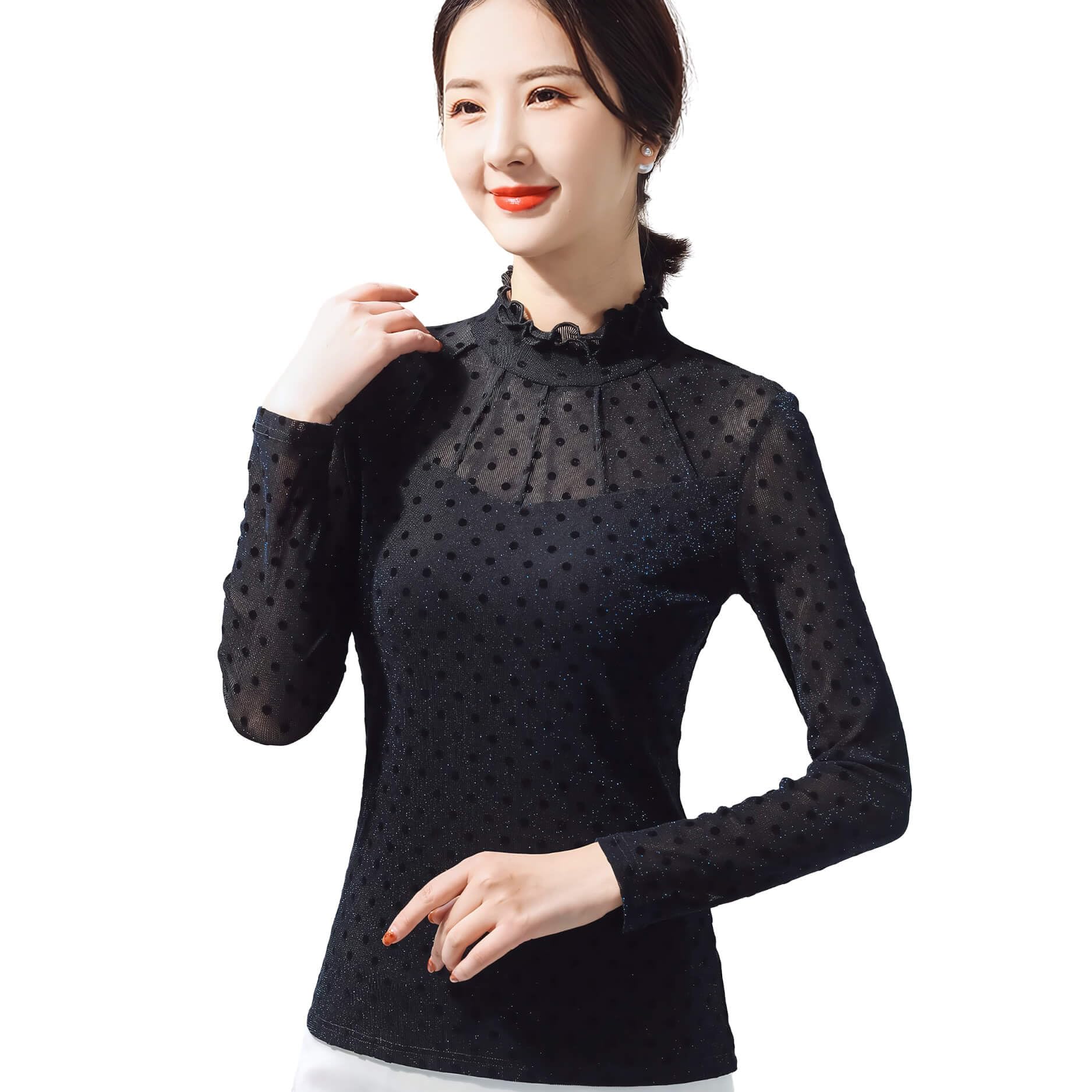 【L】　新品　シフォン　長袖　ハイネック　社交ダンス　トップス　黒　2035 M】 新品 長袖 シフォン ハイネック 社交ダンス トップス 黒